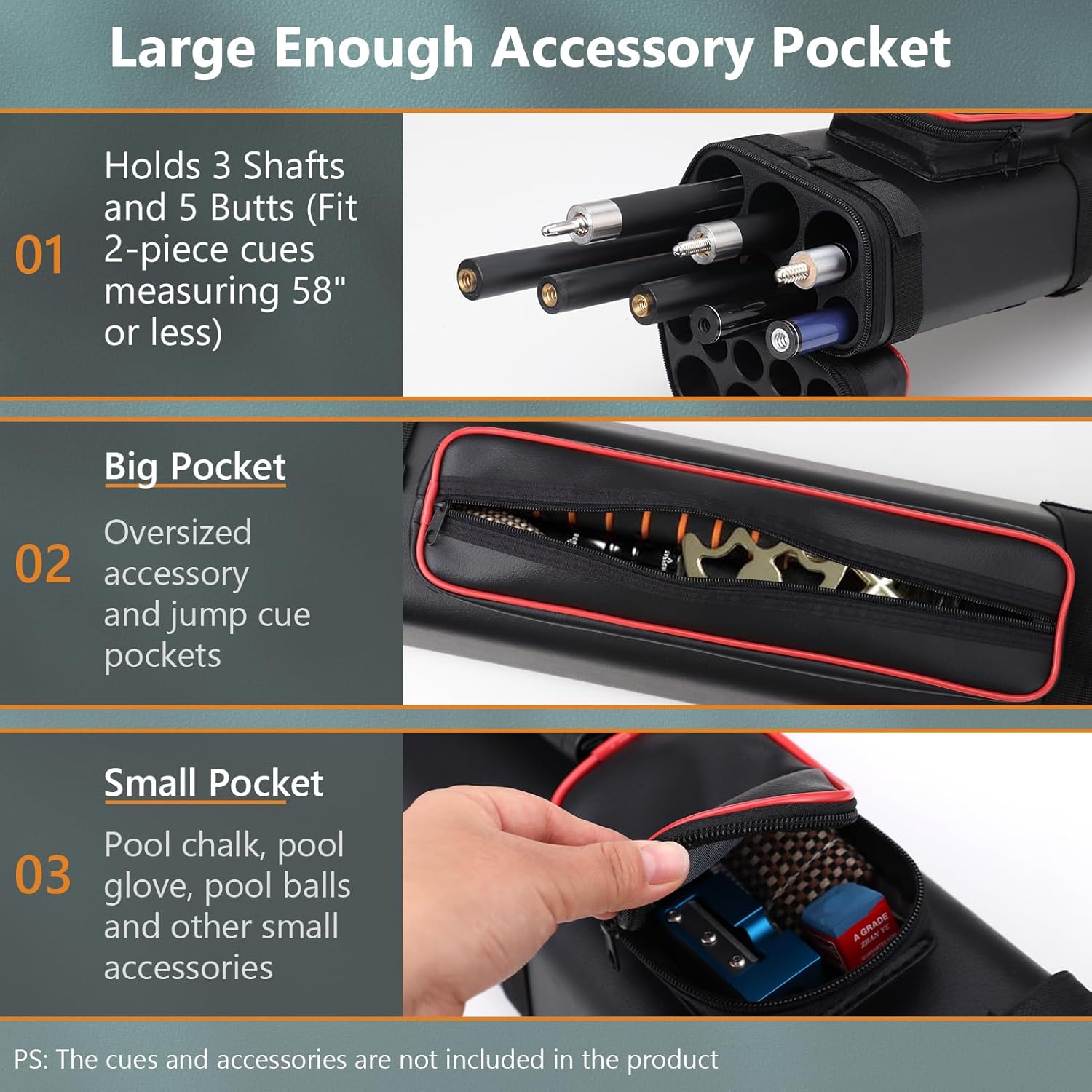 3x5 Hard Pool Cue Case Billiard Stick Carrying Case Pool Stick Case Holds 3 Cue Butts and 5 Cue Shafts