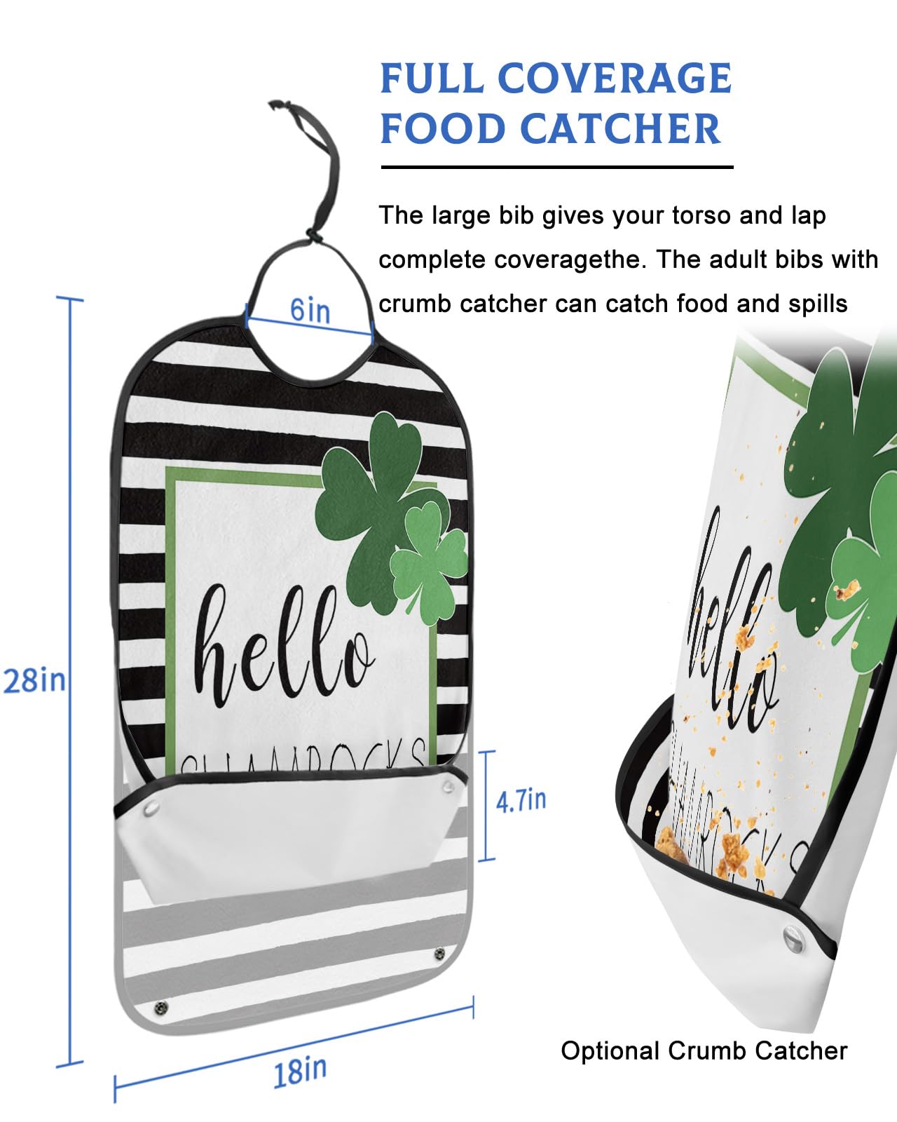St. Patrick's Day Adult Bibs for Eating, Waterproof Bibs with Food Catcher & Adjustable Snap Closure, Black and White Stripes Hello Lucky Clover Clothing Protectors Adult Bibs for Elderly Women/Men