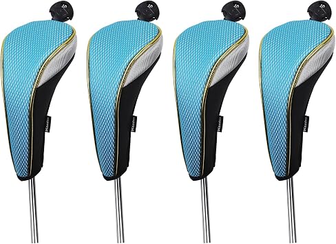 Andux 4Pcs/Set Golf Hybrids Club Head Covers with Dial No. Tag MT/HY12 | Gold Piping | all the Same Size | Short Neck | Nylon-mesh Breathable material