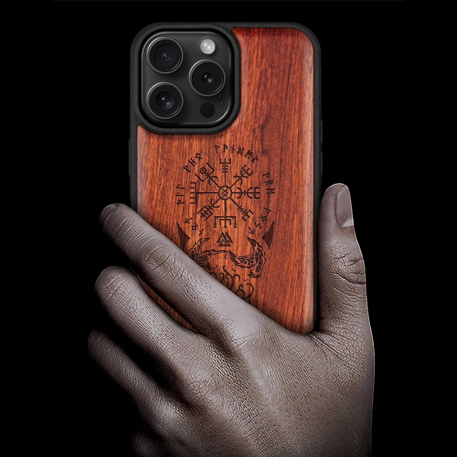 Carveit Magnetic Wooden Case for iPhone 16 Pro Max Case Solid Wood & Black Soft TPU Shockproof Protection Compatible with MagSafe Wireless Chargers (The Guiding Vegvisir) Rosy