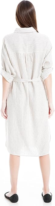 Max Studio Women's Roll Tab Sleeve Dress With Pockets - Striped Pattern With Waist Tie - Casual Everyday Dress With Side Pockets