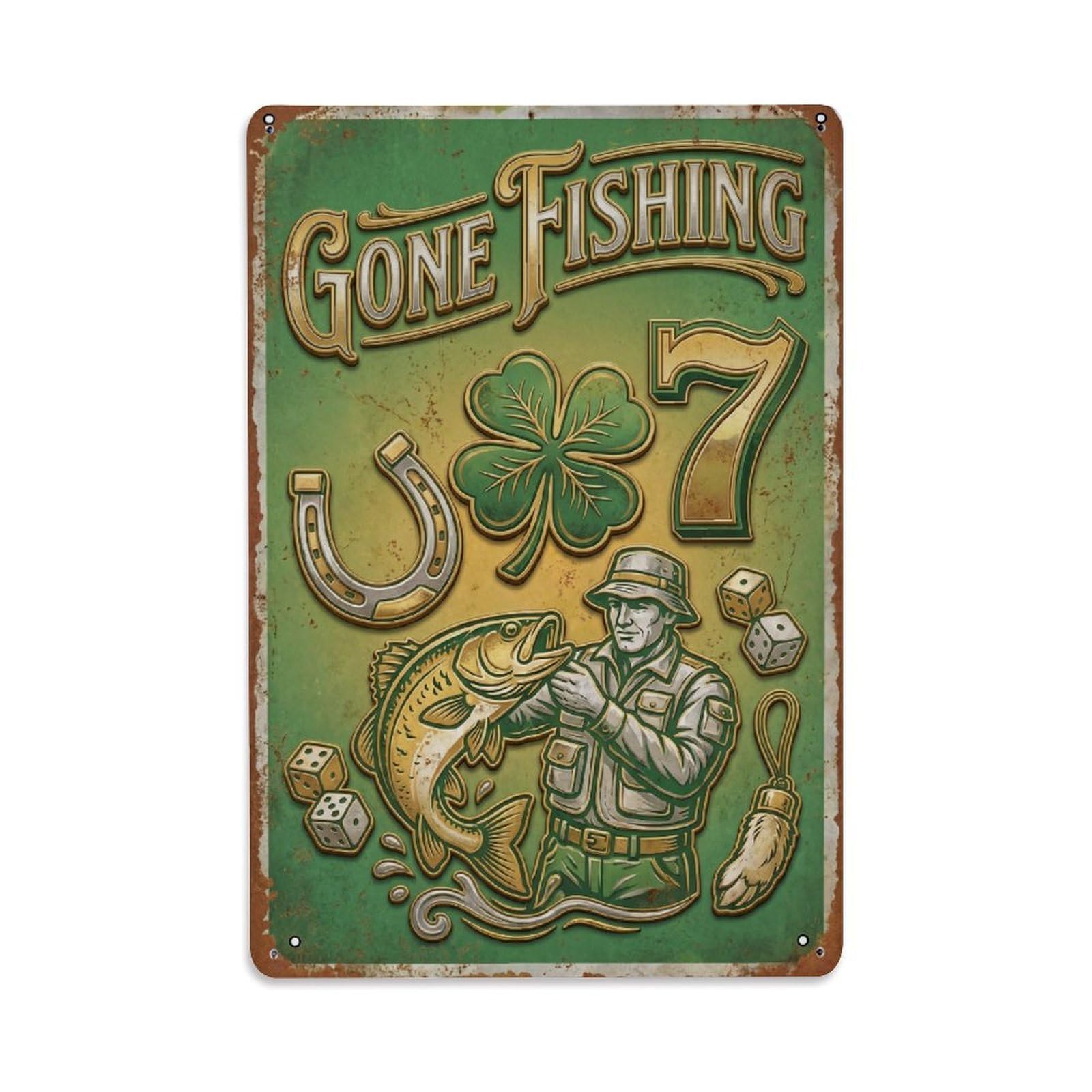 Gone Fishing Luck Fortune Vintage Metal Tin Sign Plaque Wall Decor for Cafe, Club, Garden Metal Poster 8x12Inch