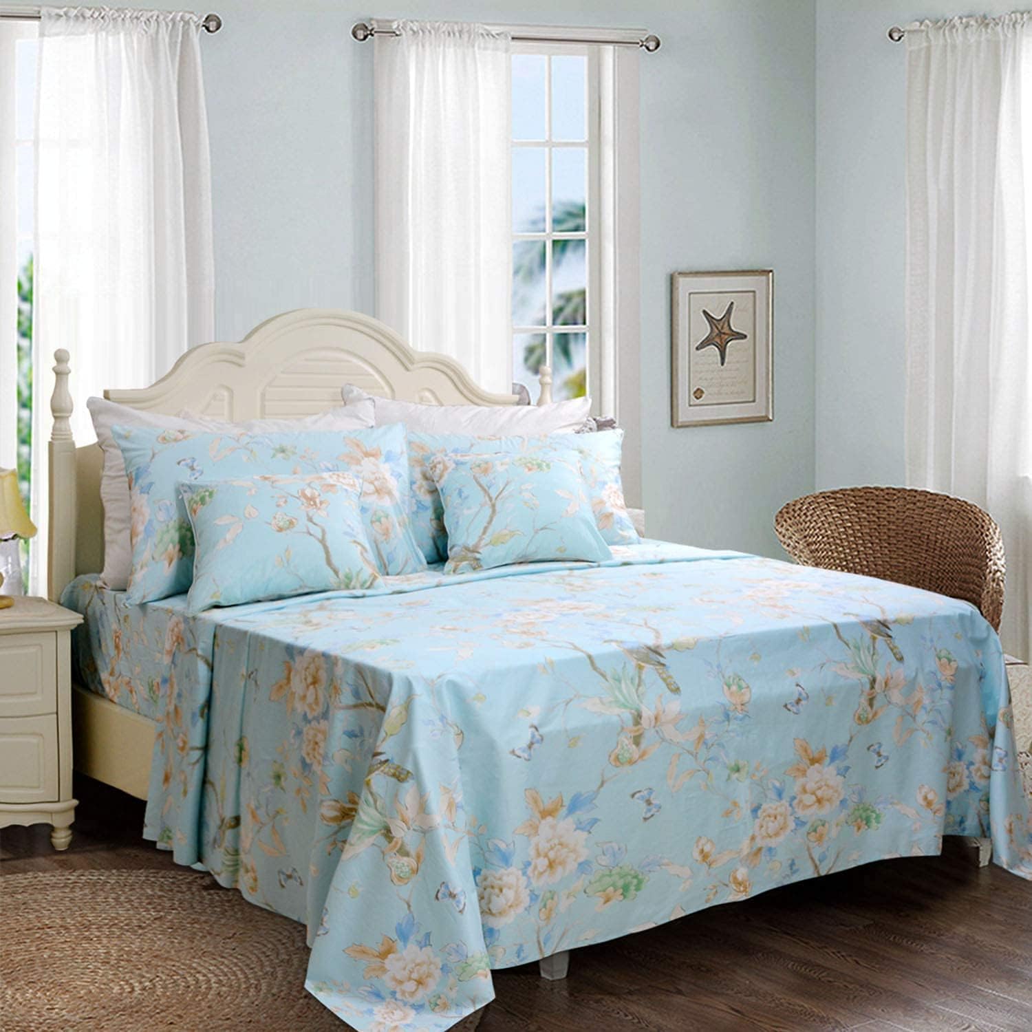 Usning Floral Bedding Sheet Set, Butterfly Bird Print Blue Bed Sheet Set, Luxury Bedding 800 Thread Count 100% Egyptian Cotton Sheet Set with Deep Pocket, 4-Piece King Size