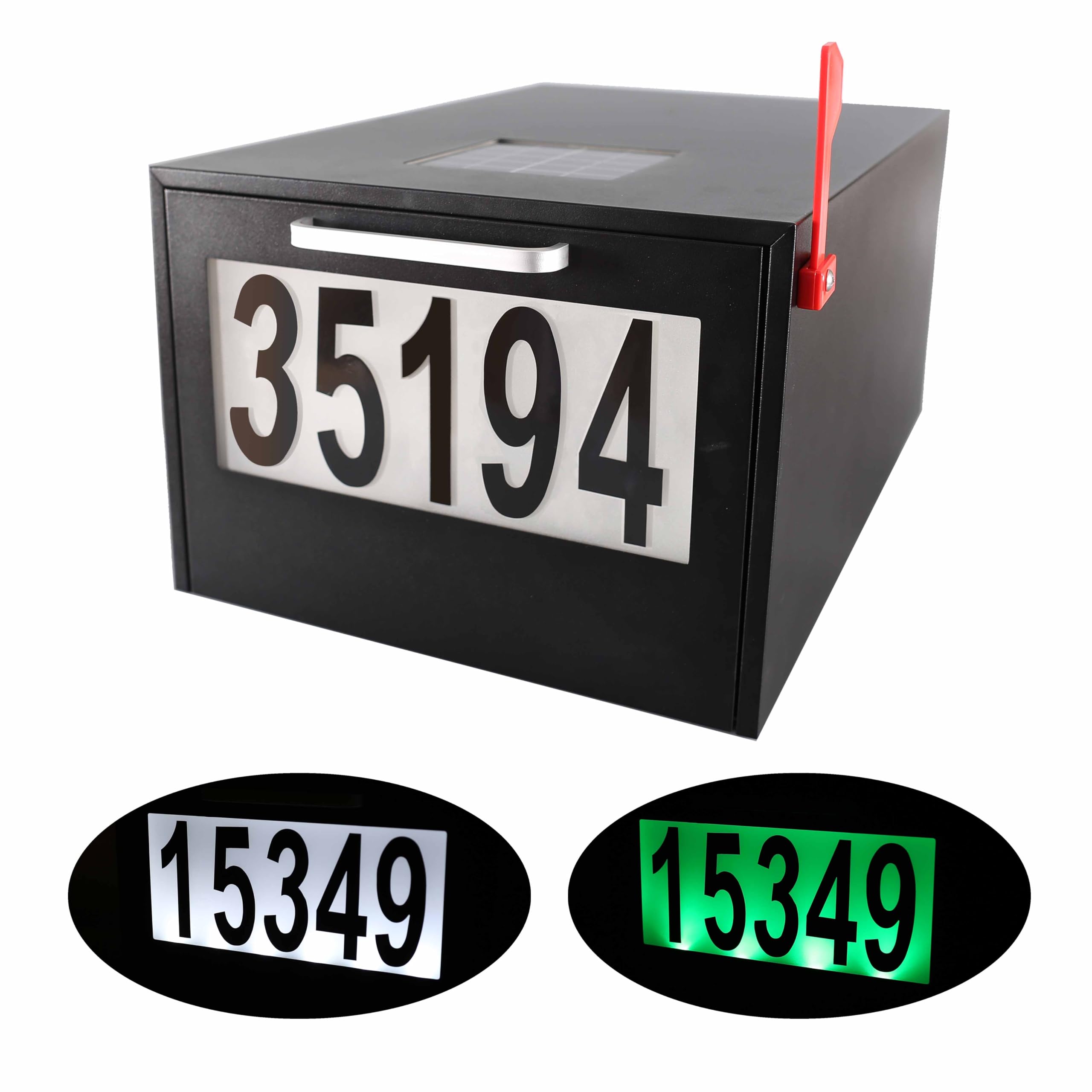 Black Post Mount Mailbox - 2 Lighting Modes Solar Numbers Light Large Capacity Infrared Sensor Illuminated at Night - Iron Numbers Mail Box Outdoor