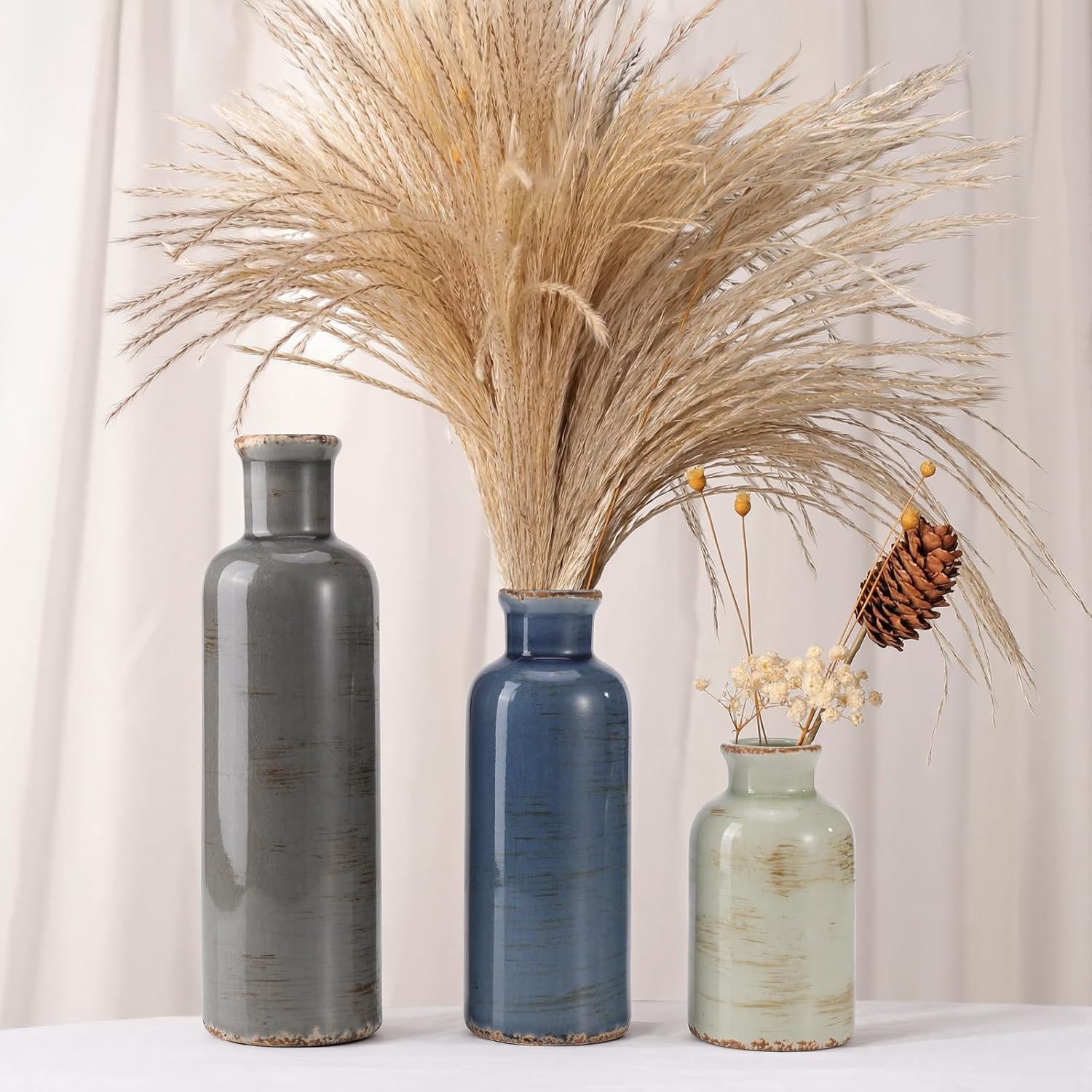 Small Ceramic Vase Set of 3, Boho Modern Flower Vase Room Decor, Farmhouse Decor, Vases for Your Kitchen, Bathroom, Bedroom, Living Room, Office&Shelf Centerpiece Table Decorations