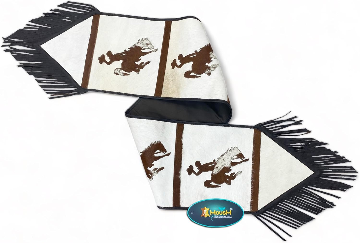 Cow Hide Leather Table Runner 12 x 72 Inches - Real Cowhide with Laser-Cut Riding Horse and Patch, Black Leather Fringe