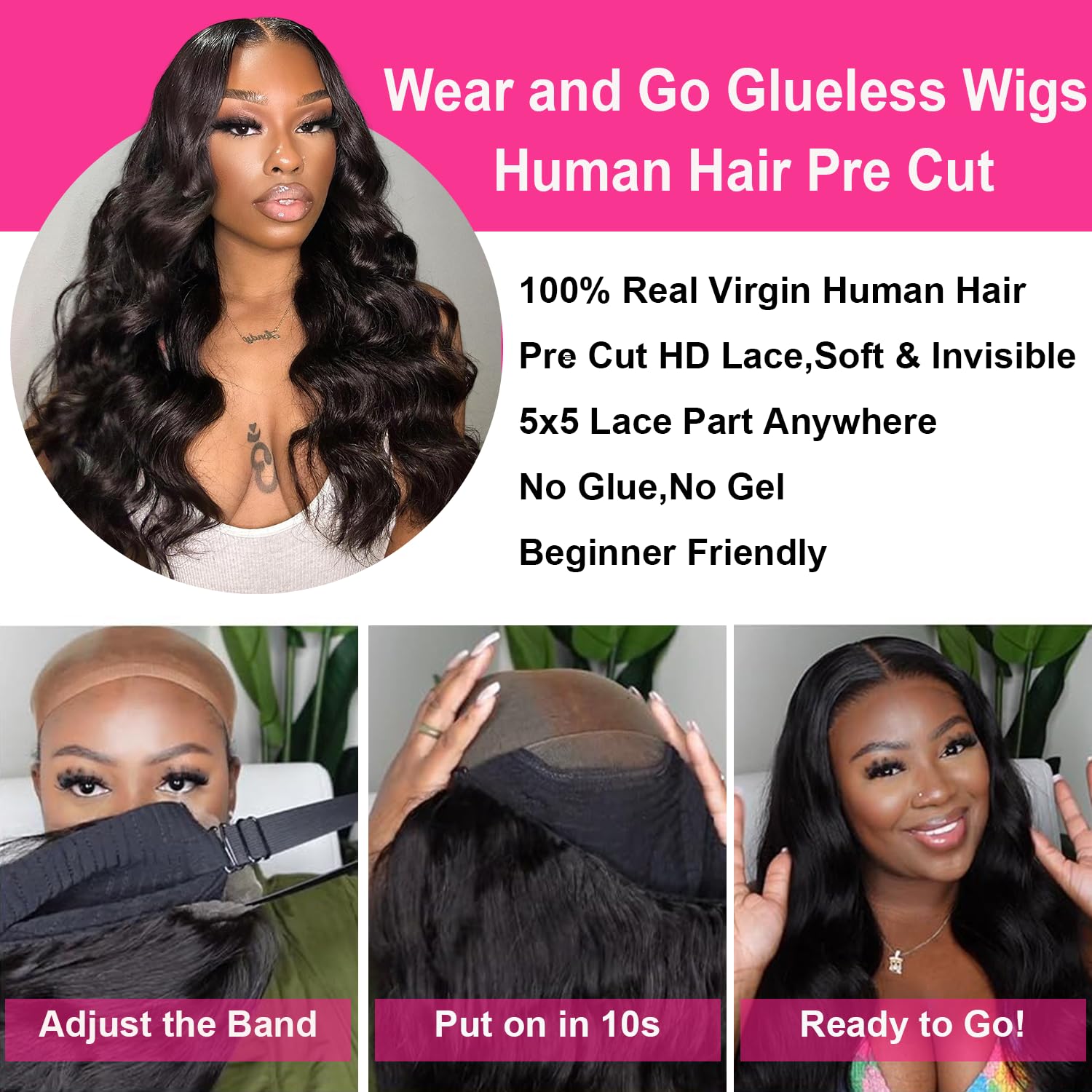 5x5 Pre Cut Lace Front Wigs Human Hair Wear and Go Glueless Wig Pre Plucked Pre Cut 180 Density 5x5 HD Lace Closure Wigs Upgraded Body Wave Transparent Lace Front Wigs for Black Women 16 Inch