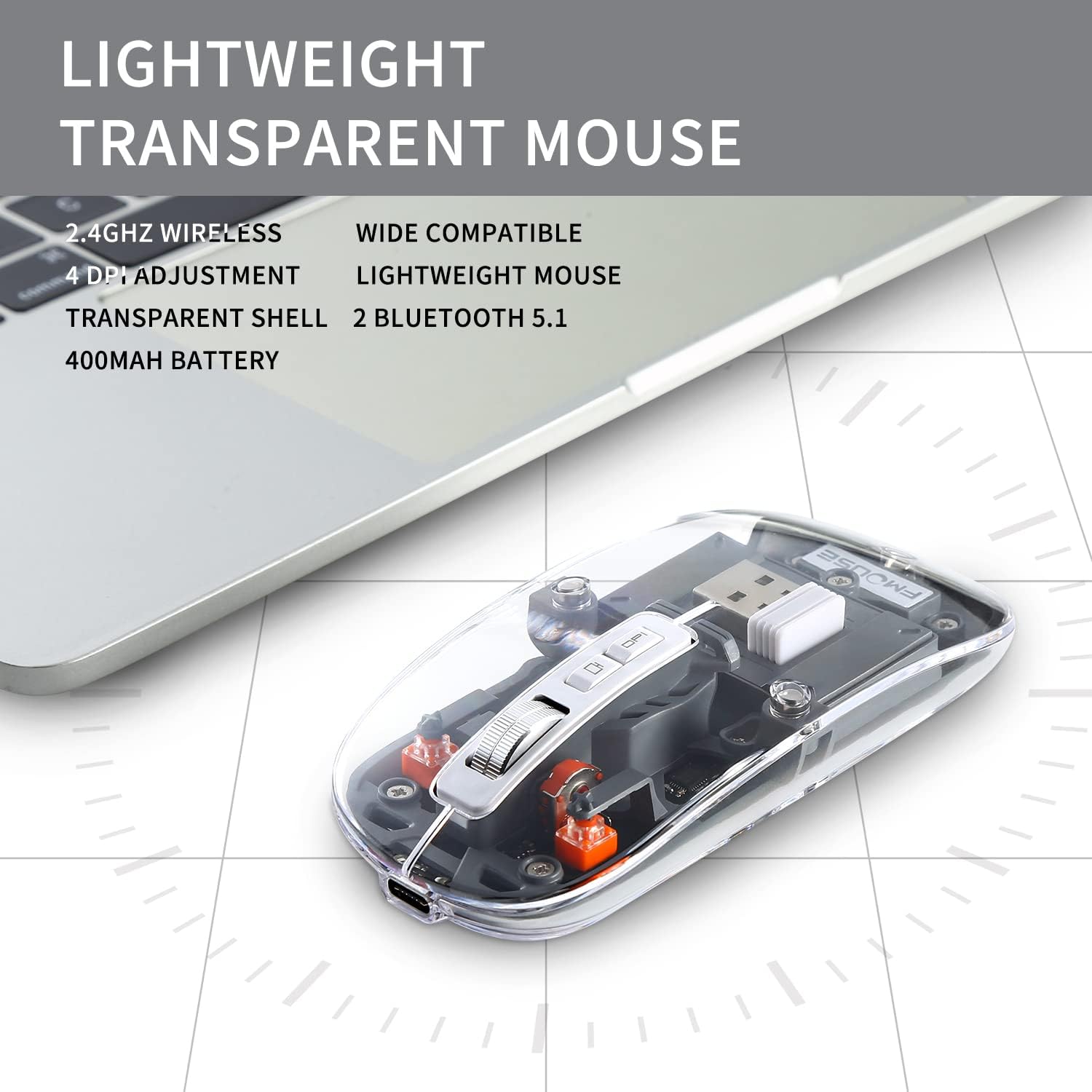 Wireless Bluetooth Mouse, LED Slim Rechargeable Wireless Silent Mouse with USB Receiver and Type C Adapter, Disassembly Magnetic Transparent Surface Cover Quiet Mouse for PC, Laptop, Mac, Desktop
