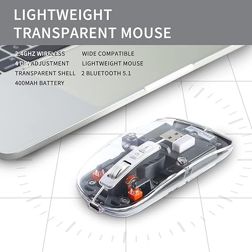 Miniatura 2 de Ratón Bluetooth inalámbrico, LED delgado recargable inalámbrico silencioso con receptor USB y adaptador tipo C, desmontaje magnético transparente