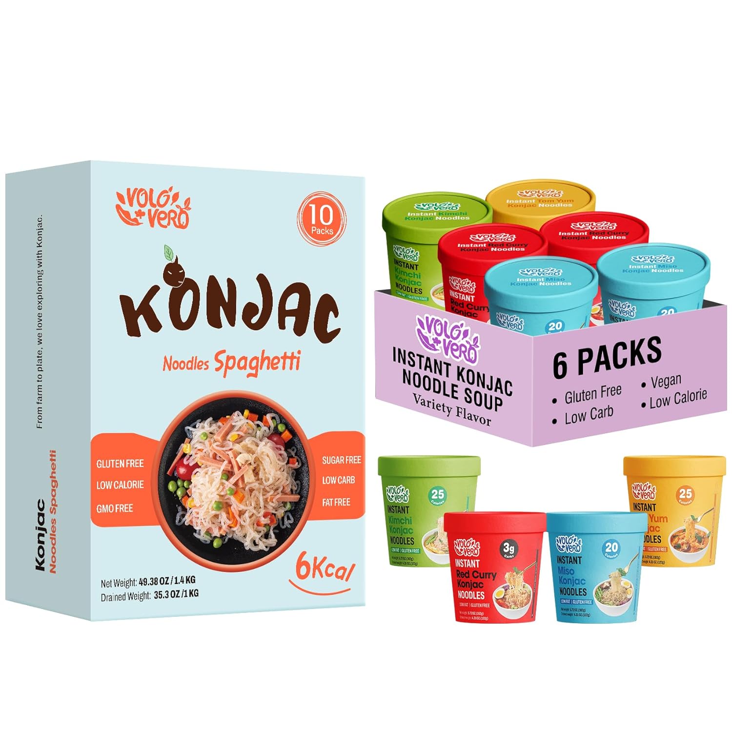 VOLO VERO Konjac Noodles, 16 Packs, Vegan, Gluten-Free, Keto, Low Calorie, Low Sugar, Low GI, Low Carb Shirataki Noodle Pasta, Ready to Eat, Healthy Mael, Holiday Gifts