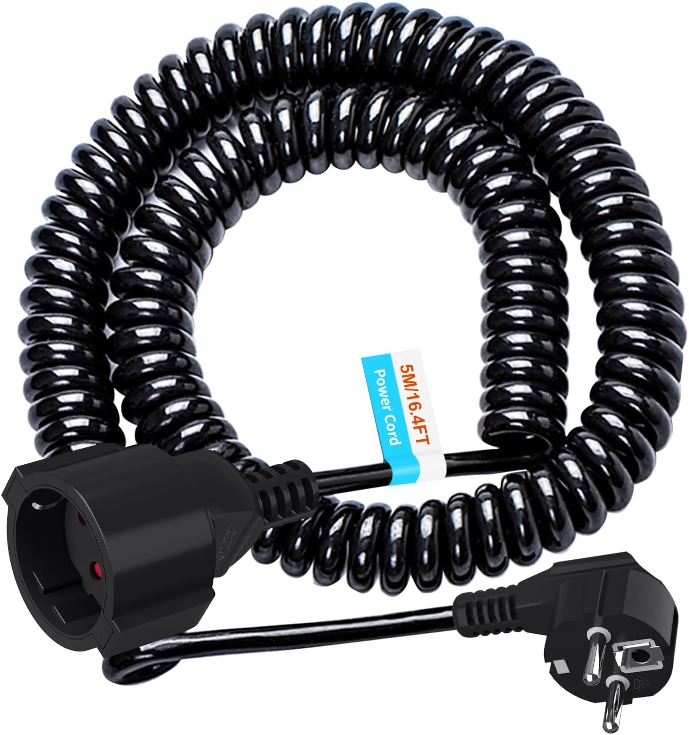 Schuko Extension Cable Protective Contact Spiral Cable Stretchable from 1.05 m to 5 m Max IP20 Extension Cable 230 V / 16 A Spiral Cable 3 x 1.0 mm   with Schuko Plug and Coupling Black
