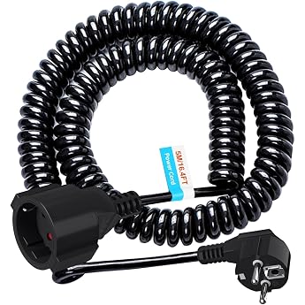 5M Schuko Extension Cable Protective Contact Spiral Cable Stretchable from 1.05 m to 5 m Max IP20 Extension Cable 230 V/16 A Spiral Cable 3 x 1.0 mm  with Schuko Plug and Coupling Black