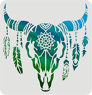 FINGERINSPIRE Cow Skull Stencils Template 11.8x11.8inch Plastic Feathered Bull Head Drawing Painting Stencils Animal Skull Pattern Stencils for Painting on Wood, Floor, Wall and Tile