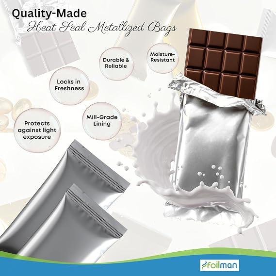 Foilman - Heat Seal Bags (Metallized) For Chocolate Bar Wrapping Fits Bar Size 2.25 x 5.5 Inches (100 Pack) (Silver, 3 x 6 3/8)