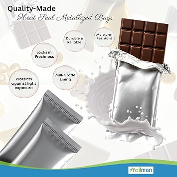 Foilman - Heat Seal Bags (Metallized) For Chocolate Bar Wrapping Fits Bar Size 2.25 x 5.5 Inches (100 Pack) (Silver, 3 x 6 3/8)