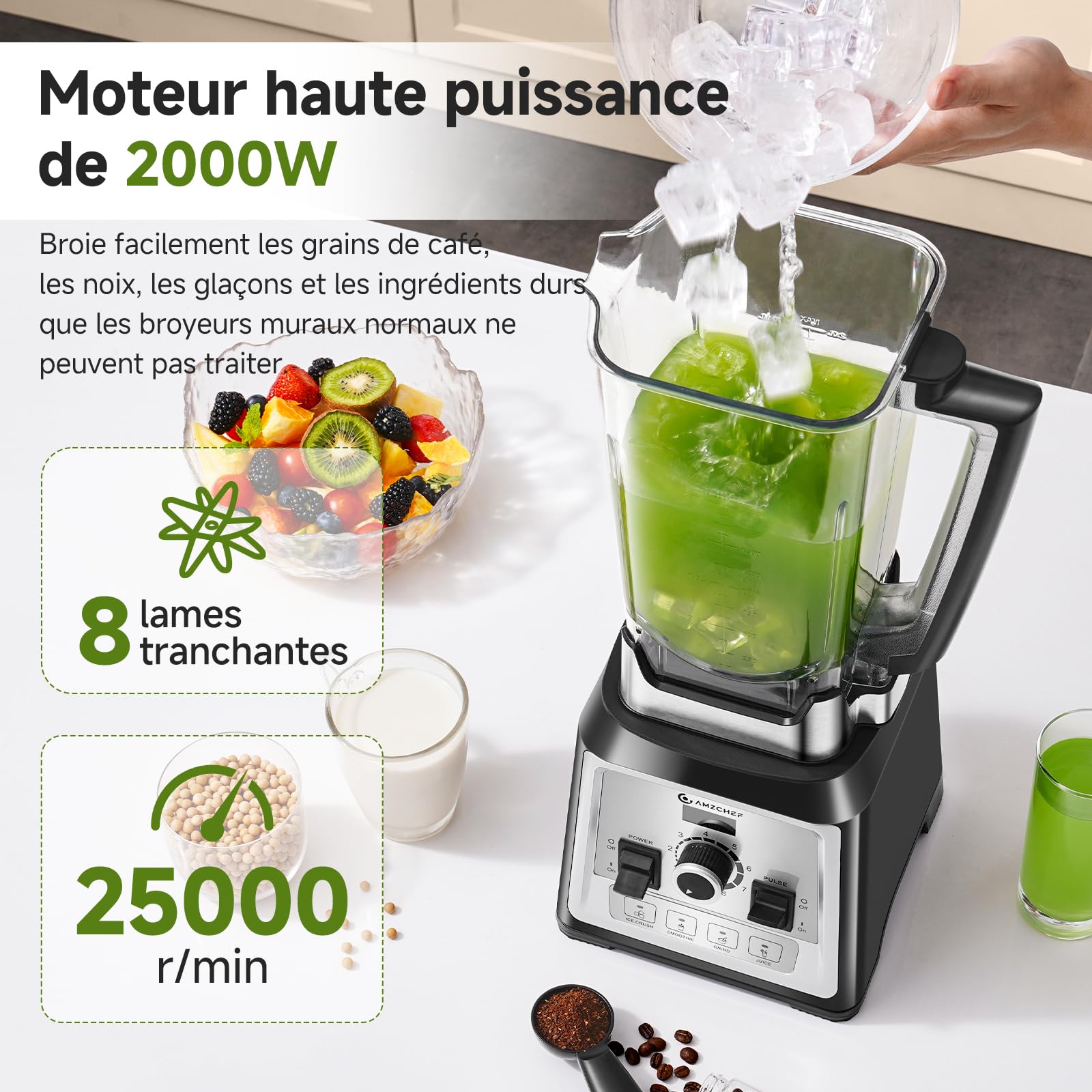 AMZCHEF Blender Professionnel 2000W, Mixeur Puissant 2L, 8 Vitesses & 4 Programmes, Blender Smoothie et Glace Pilée, 25000 Tr/min, 8 Lames Inox, Sans BPA pour Fruits Congelés et Cuisine