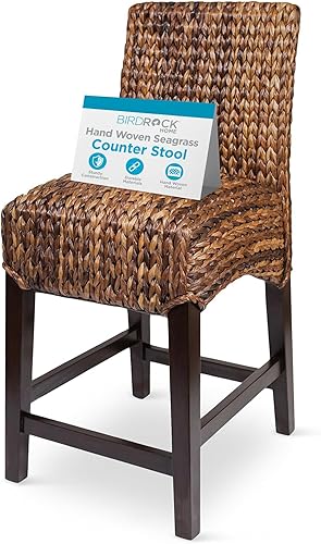 BIRDROCK HOME Taburete tejido de hierba marina – patas de madera de mimbre natural – Taburete bohemio para asientos interiores y exteriores para