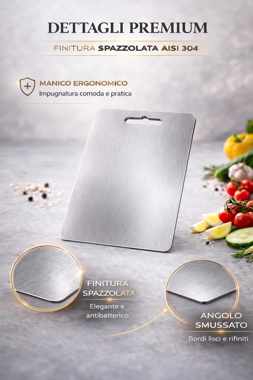 Tagliere in Acciaio Inox Alimentare 304 Per Cucina, Tagliere acciaio inox Certificato Igienico e Antibatterico, Superficie Alimentare Facile da Pulire, Resistente e Antiodore, 23X34