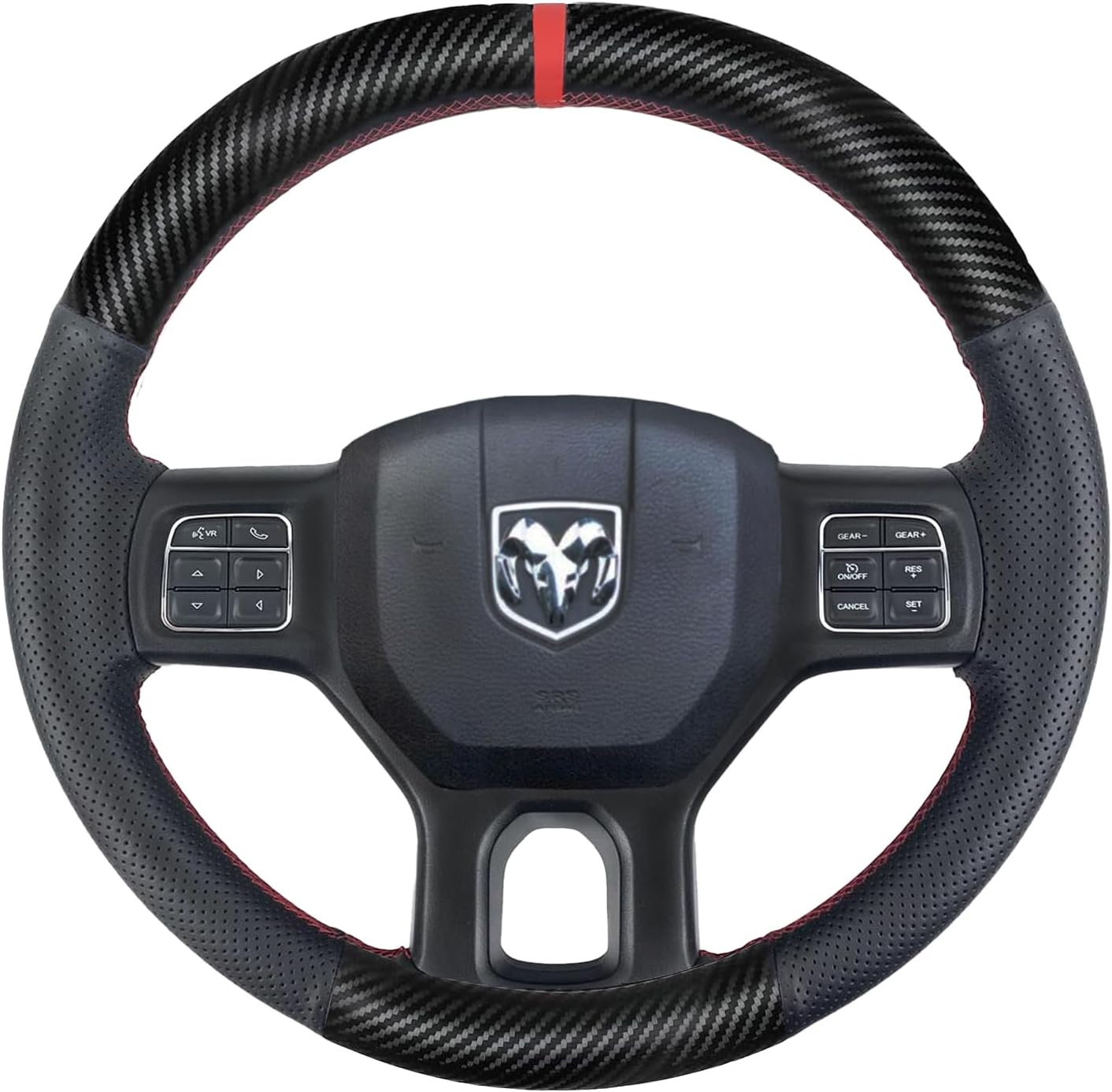 Hand Stitch Steering Wheel Cover | Customized Fit for Dodge Ram 1500/2500/3500/4500/5500 2013-2019 Anti-Slip Breathable Carbon Fiber and Side Perforated Leather Heavy Duty -Black