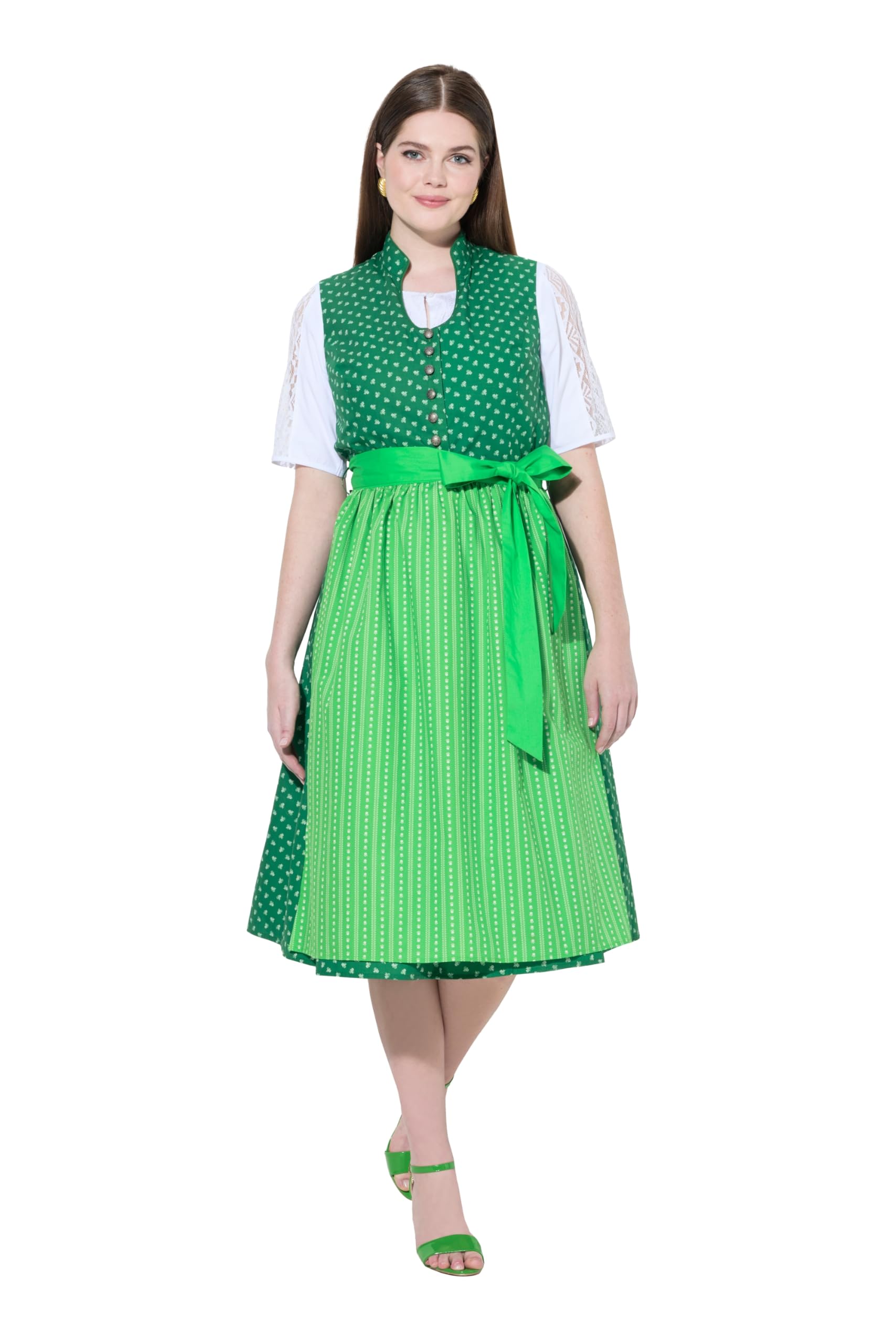 Ulla Popken Damen große Größen Übergrößen Plus Size Dirndl, Blüten, Schmuckknöpfe, V-Ausschnitt, ärmellos 819892