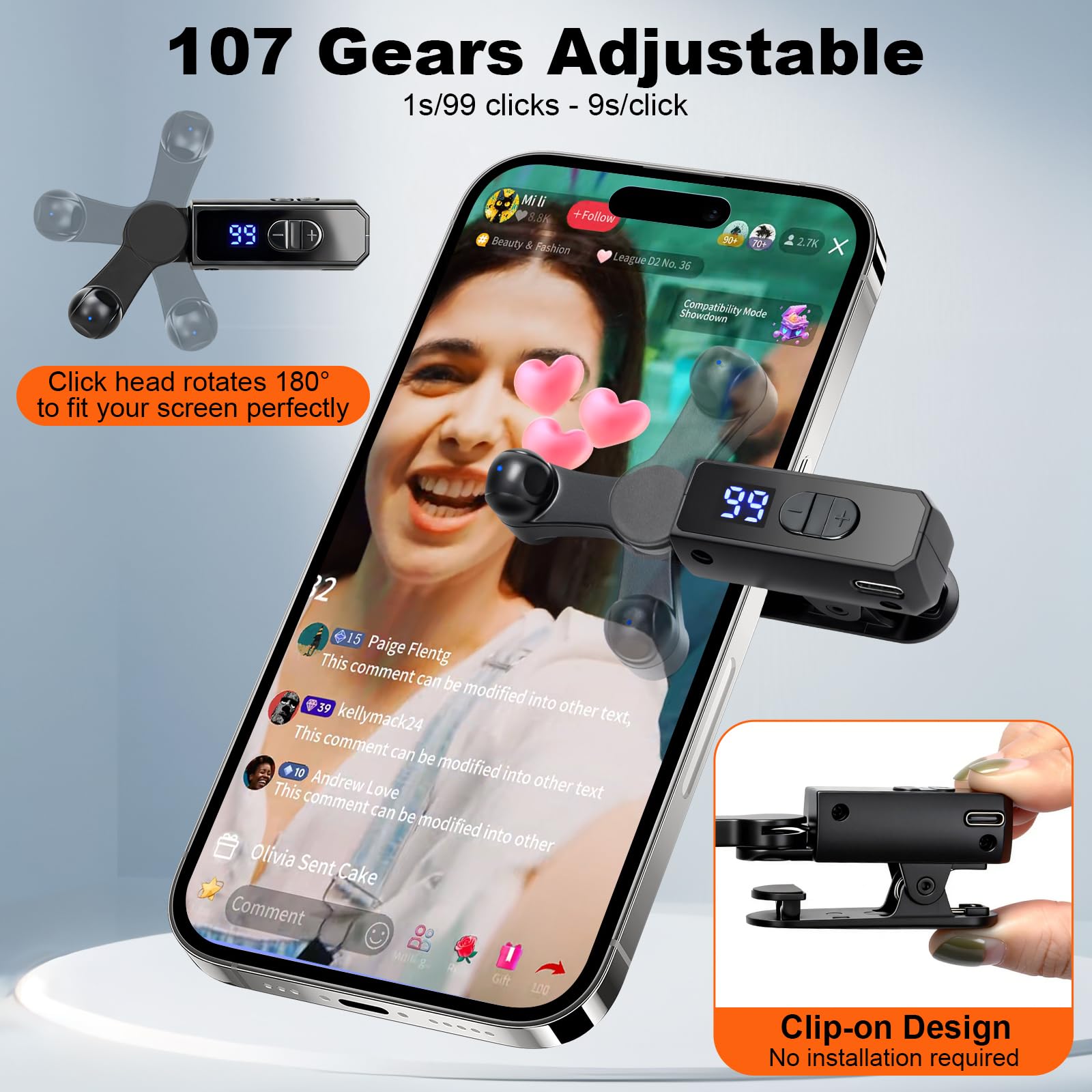 TRELC Clicker automatique rechargeable, portable pour iPhone, iPad, Android, silencieux et 107 vitesses réglables, écran de téléphone pour Tiktok, jeu, diffusions en direct, tâches de récompense