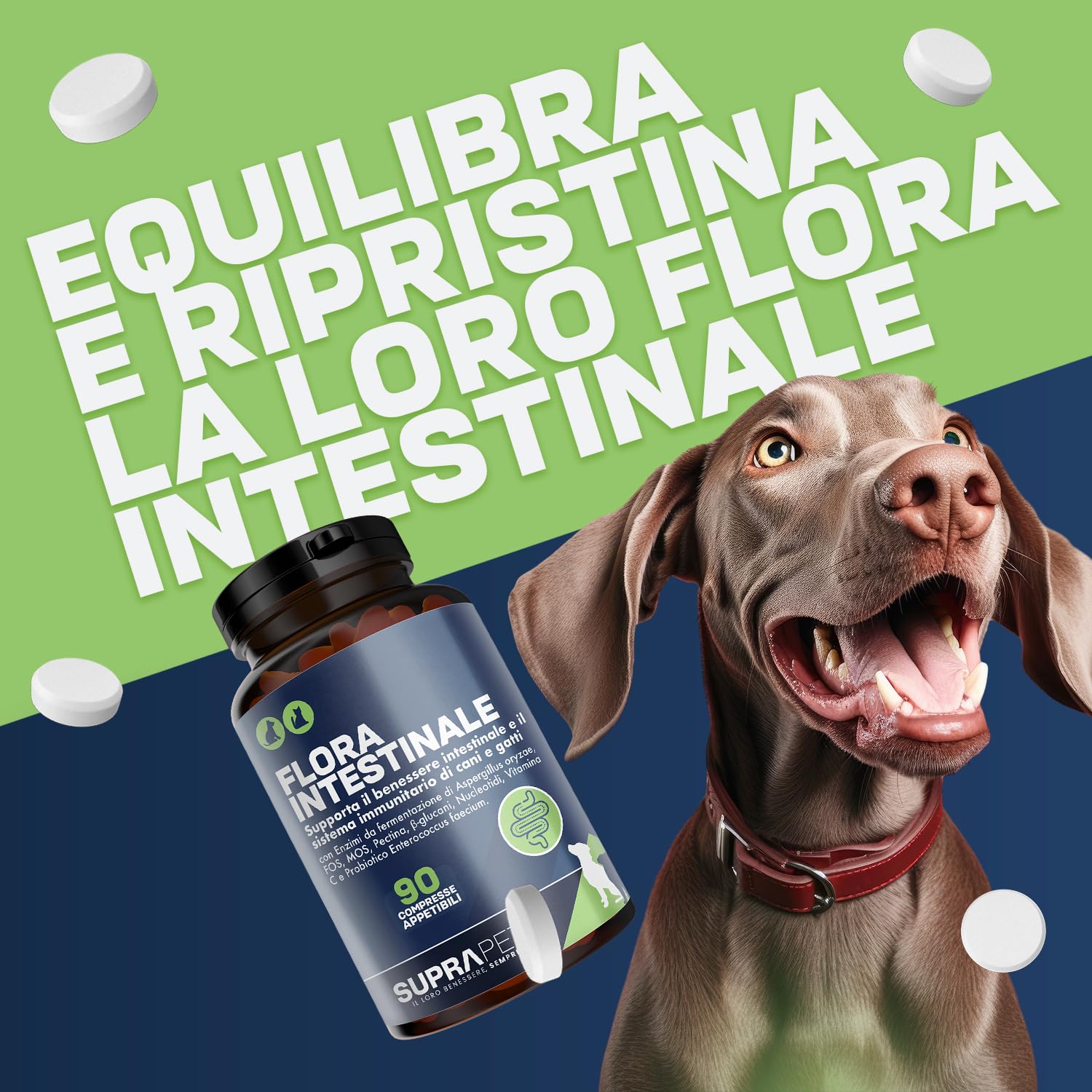 Suprapet Flora Intestinale Cani e Gatti 180 compresse - Fino a 6 Mesi di Fornitura, Con Fermenti Lattici, Probiotici, Vitamina C - Per Intestino e Flora Batterica