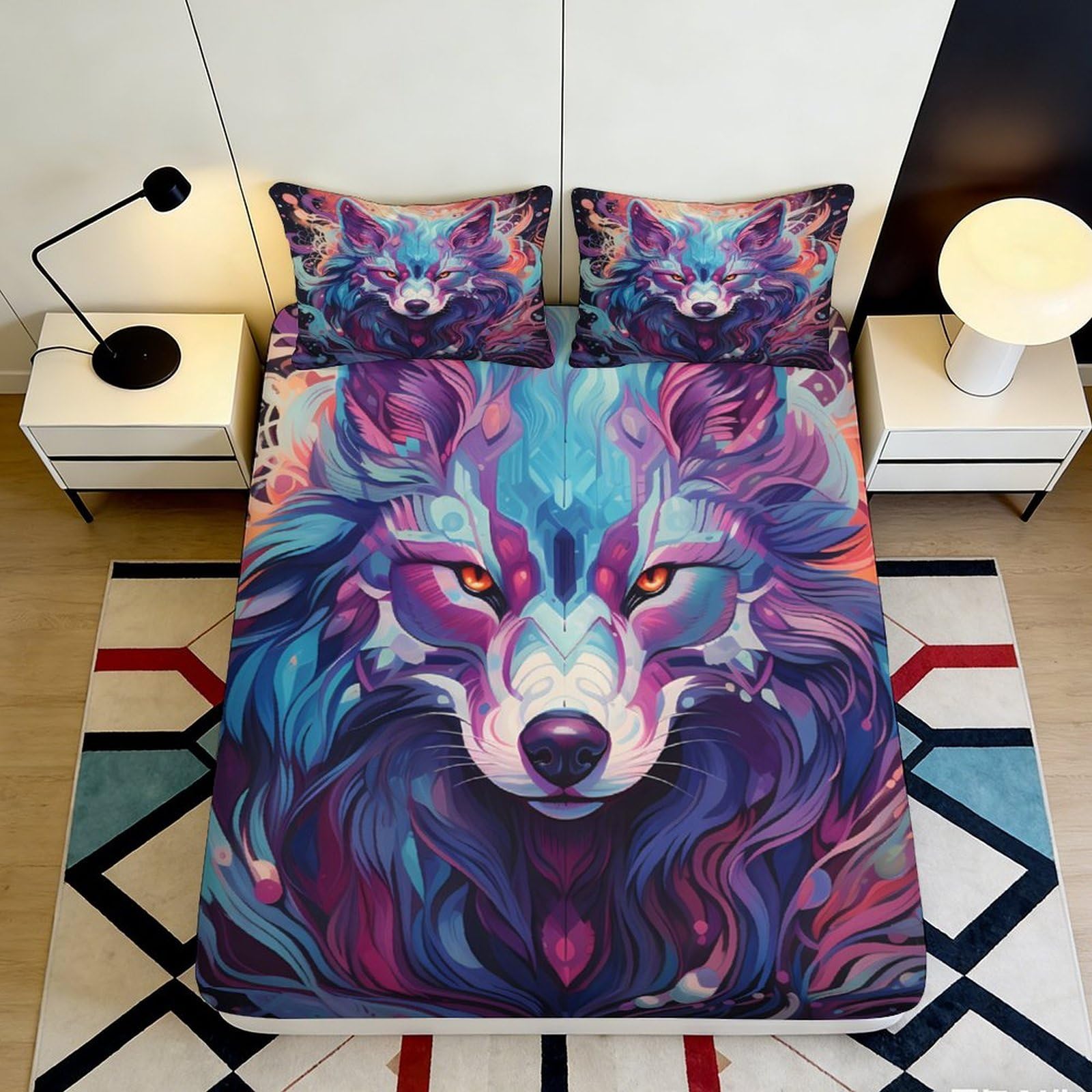 3D Printed wolf motif Fitted Sheet, Microfiber soft touch, apartment bedding, anti-slip, machine washable, stylish decor for master bedroom, dustproof bed cover, 116 characters 90x200x25cm