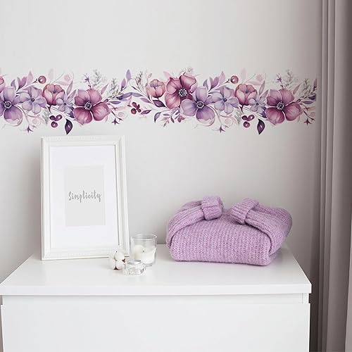 Calcomanías románticas de pared de vid de flores moradas, sacinora botánico, arte floral de peonía, rosa, margarita, calcomanías de pared extraíbles