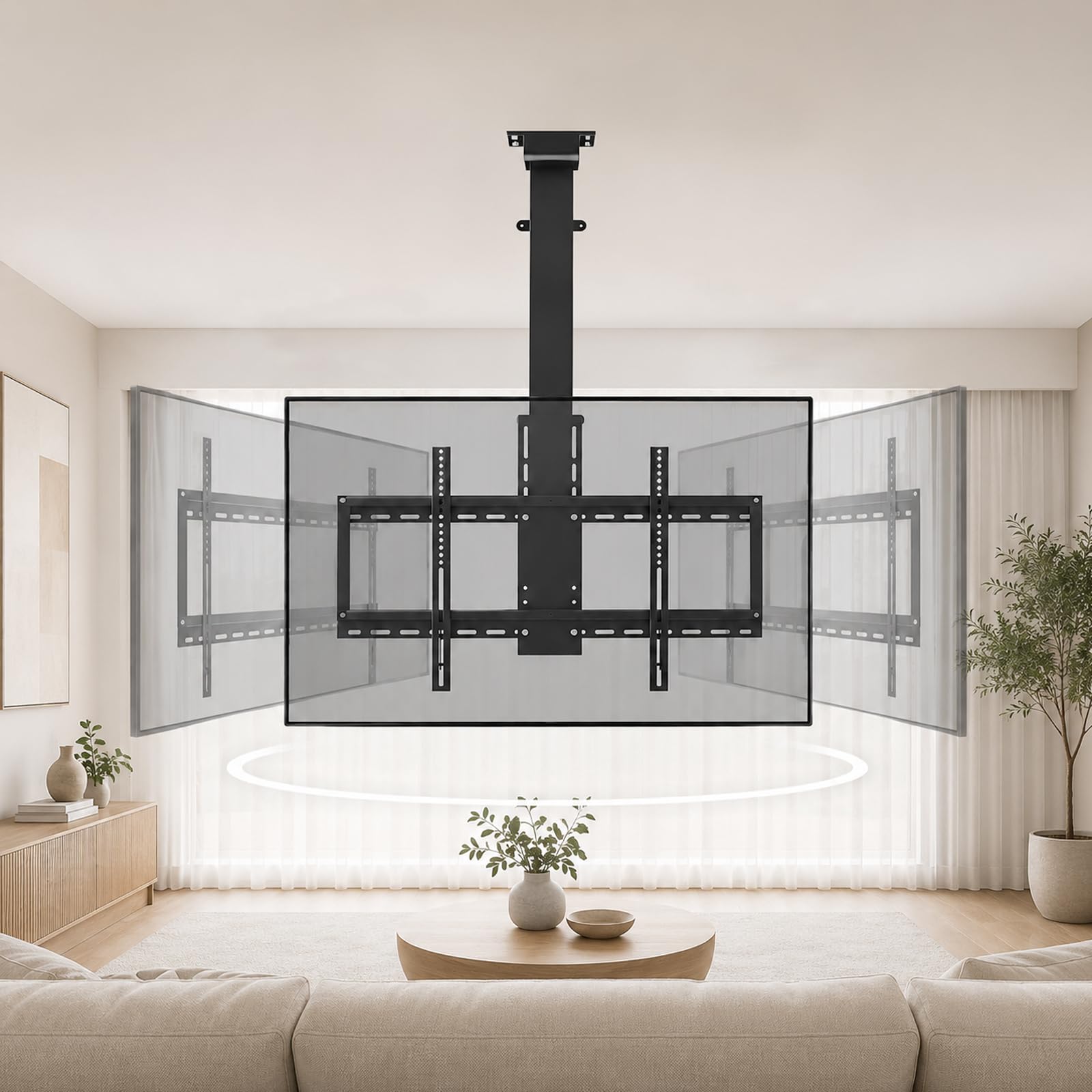 Soporte TV Motorizado de Techo 32-70", 3 Giro Manual de 360° | Elevación eléctrica, 3 Secciones Telescópicas, mando a distancia, 4 memorias, carga de 60 kg y VESA 75x75-600x400 mm