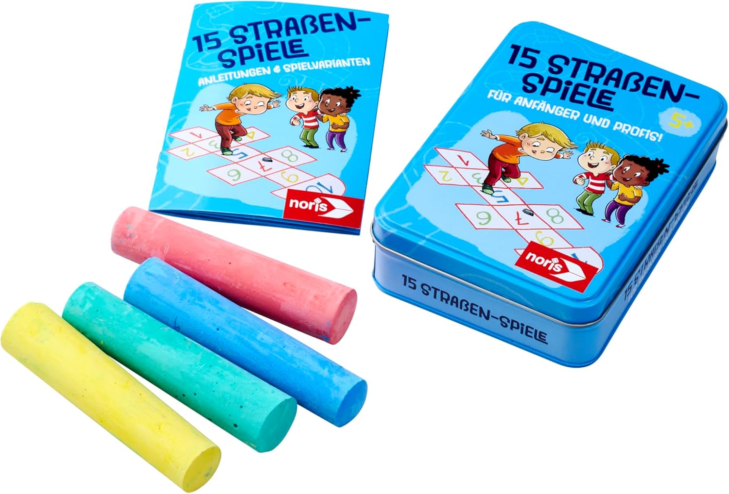 noris 606092106-15 Street Games with Chalk for Children from 5 Years - Set of Colourful Street Painting Chalk and Game Instructions in Tin Box, Outdoor Toy for Beginners and Little Professionals