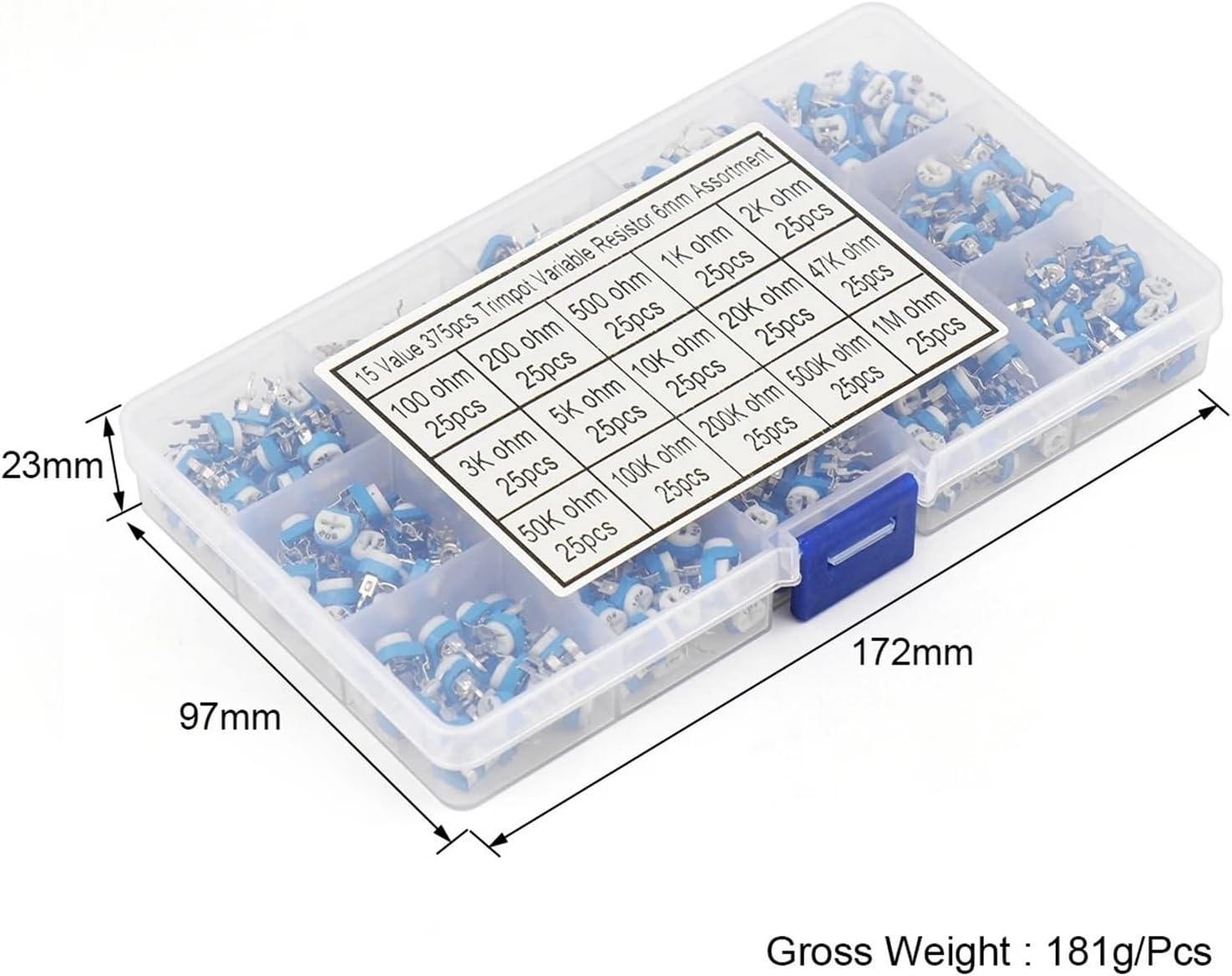 375 Piece Vertical Adjustable Resistor Combo Kit 22 Values ​​x 25 Pieces 100 ohm ~ 1M Trimpot Variable Resistor Combo Kit