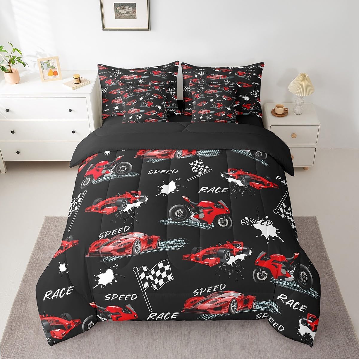 Feelyou Kids Red Black Race Car Comforter Set with Sheets Twin Size, Speed Sports Car Bed in A Bag Boys Girls Dirt Bike Motocross 7 Pieces Bedding Sets Racing Car Bed Set