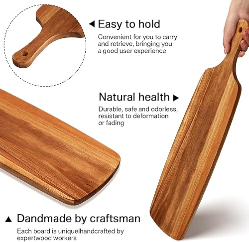 Vista 4 de Kathfly 3 tablas de cortar de madera de acacia con mango láser de madera para servir charcutería para verduras, carne, pizza, queso, pan de frutas