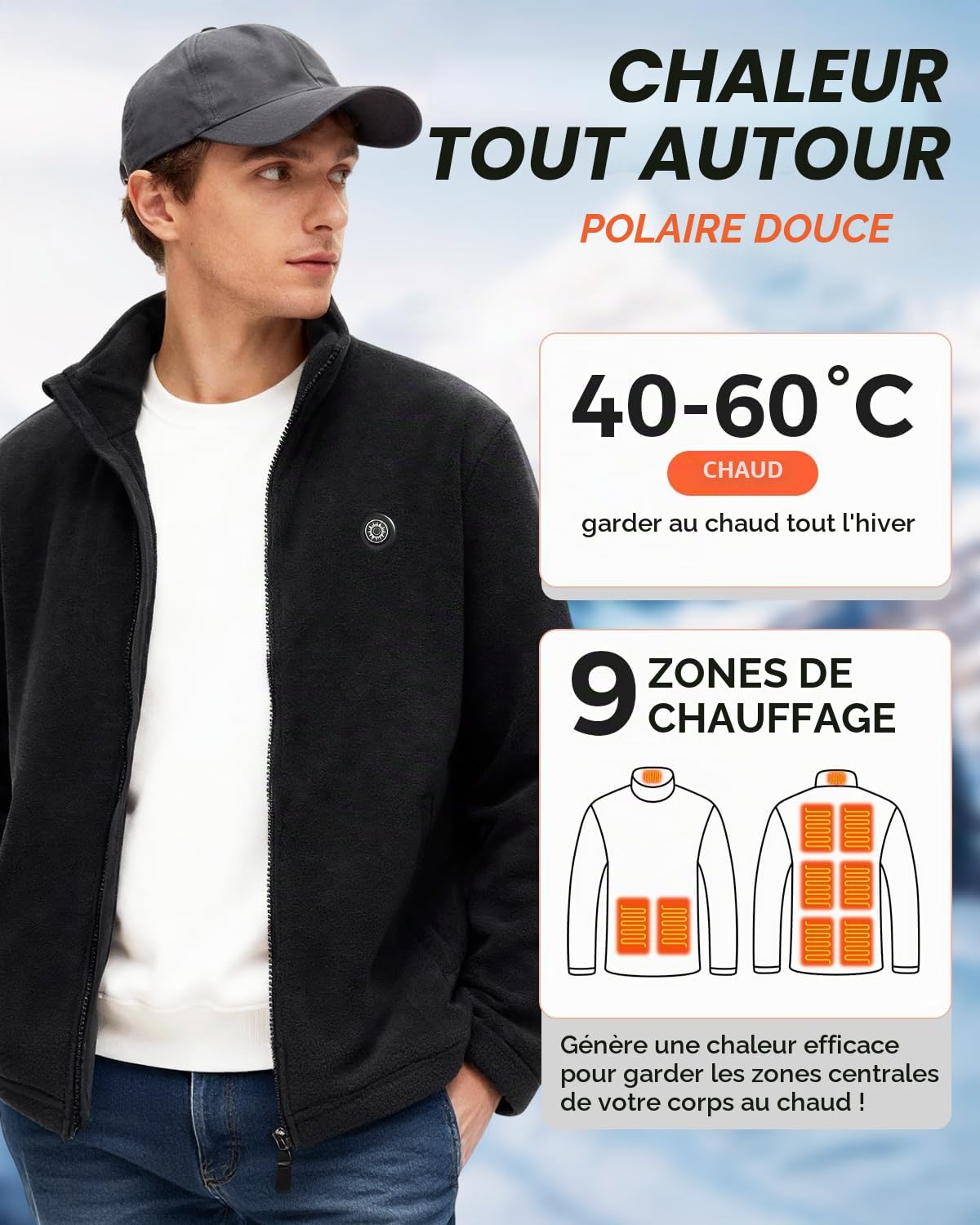 Gilet Chauffant Hommes Femmes Électrique Veste Chauffante Batterie USB 10000mAh 3 Niveaux Chauffage 9 Zones Réchauffeurs