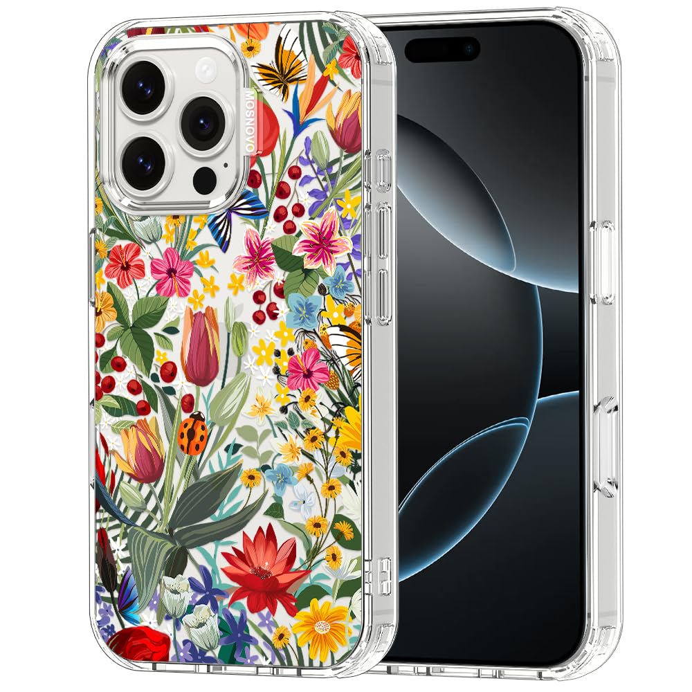 MOSNOVO for iPhone 16 Pro Max Case | Military Grade 6.6ft Drop Tested | Clear with in The Garden Design