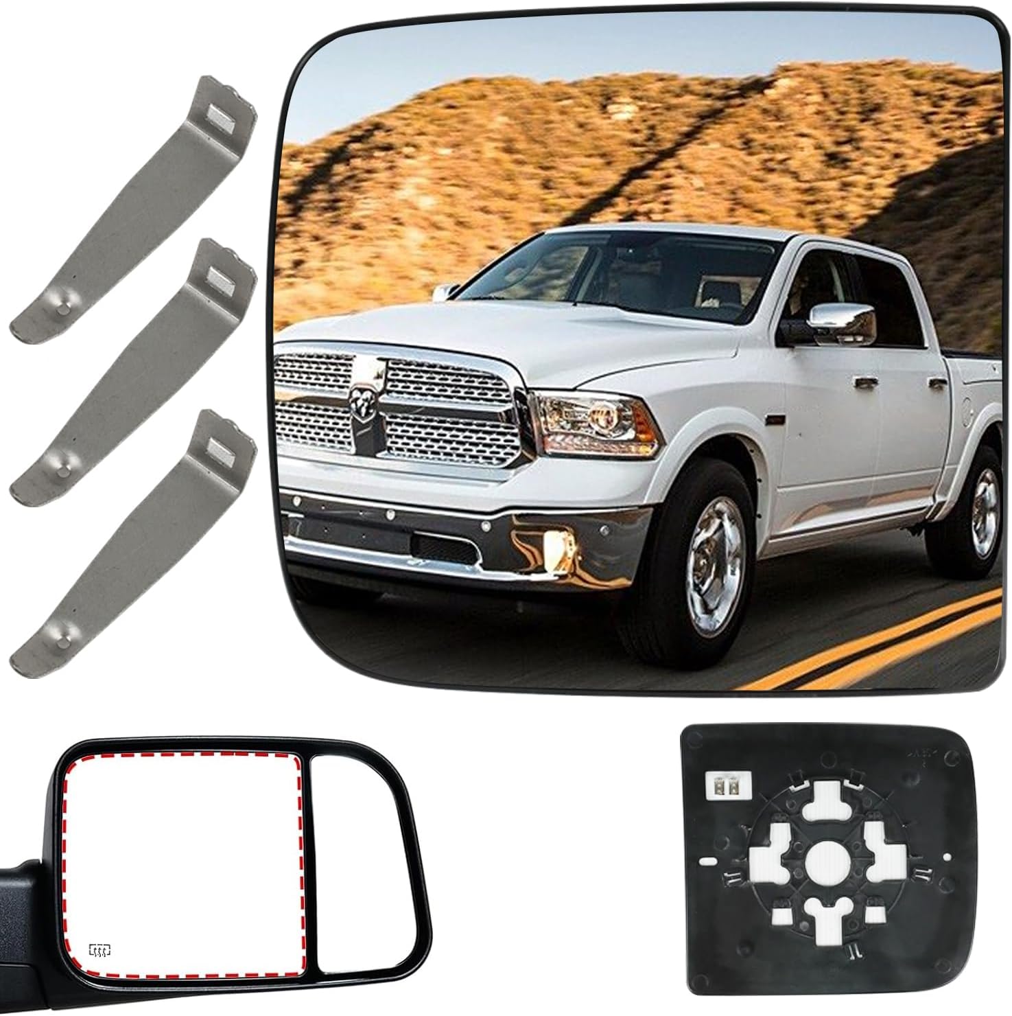 Passenger Right Side Mirror Glass Replacement, 3-Tab Backplate ONLY, Compatible with Dodge/Ram 2010-2020 1500 2500 3500 (Not for 4-Tab), Heated Convex Right Side 68067728AA 68067726AA