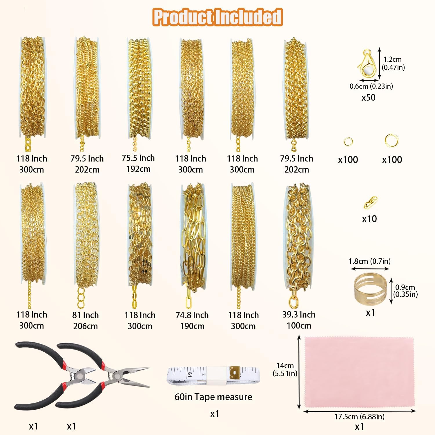 Fesorsi Gold Chain for Jewelry Making, 95ft 12 Style Steel Jewelry Chain, Electroplating Process, for DIY Necklace Chains, Tassel Pendants, with Jump Ring, Lobster Clasp, Pliers