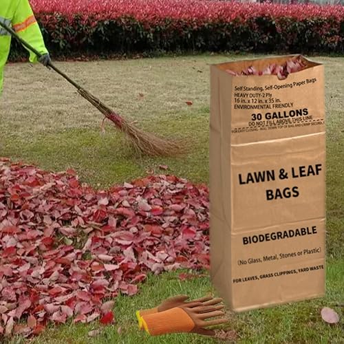 Miniatura 4 de 10 bolsas de 30 galones para césped y hojas con guantes de jardinería, bolsas de papel kraft grandes de 2 capas resistentes  Bolsas de basura