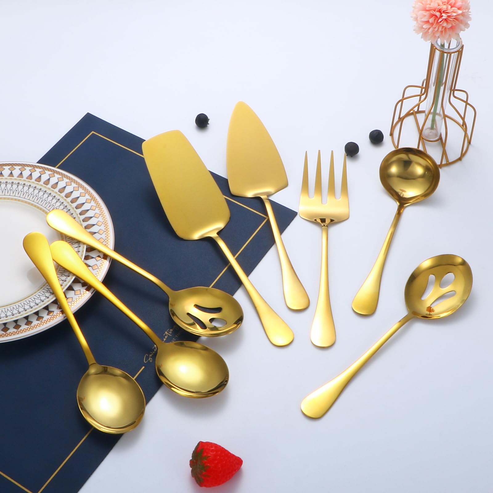 Utensilios de servir dorados, juego de 8 piezas de acero inoxidable con cucharas de servir, tenedor de servir, cucharón de sopa, servidor de lasaña, servidor de pasteles, juego de utensilios de servir