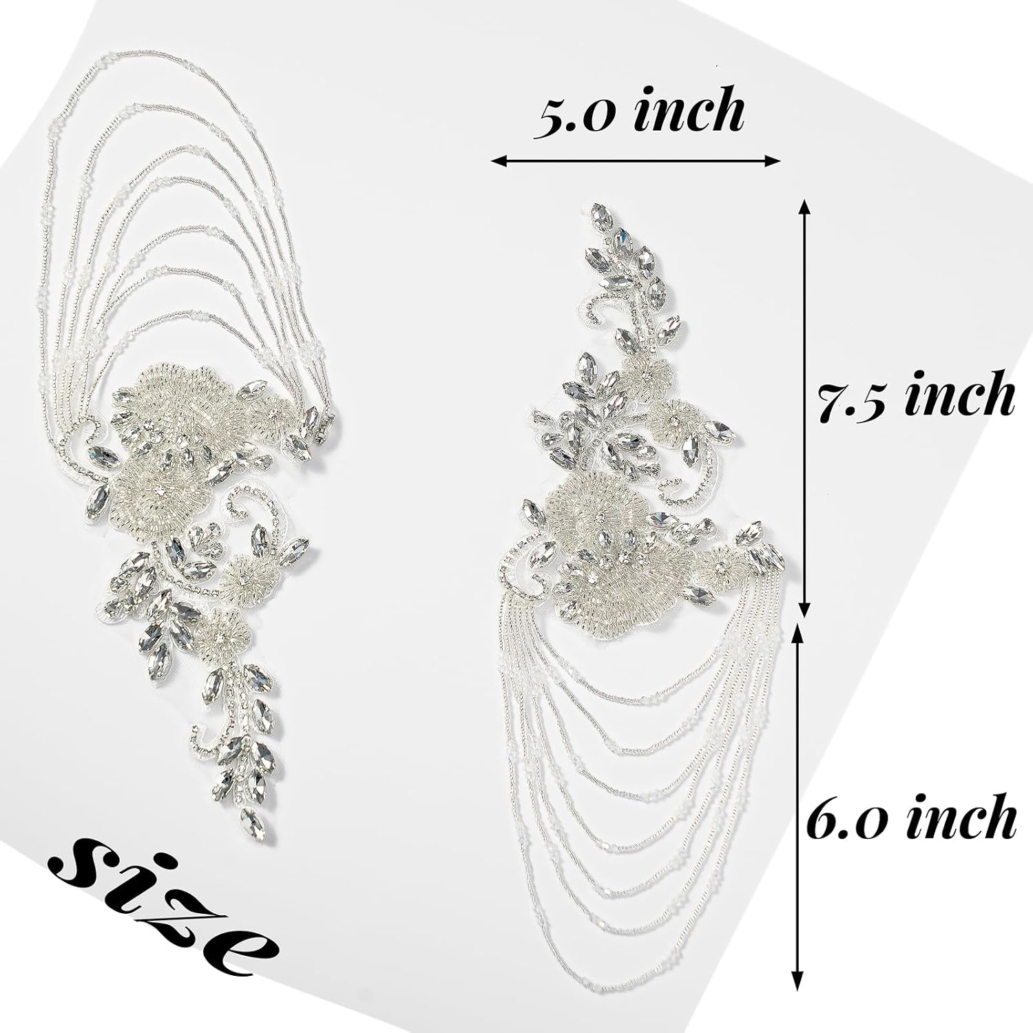 White Pair Beaded Rhinestones Applique Embellishment for Clothes,Epaulettes Shoulder Patches Sew-on Diamond Sequin Applique for Wedding Dress DIY Accessories