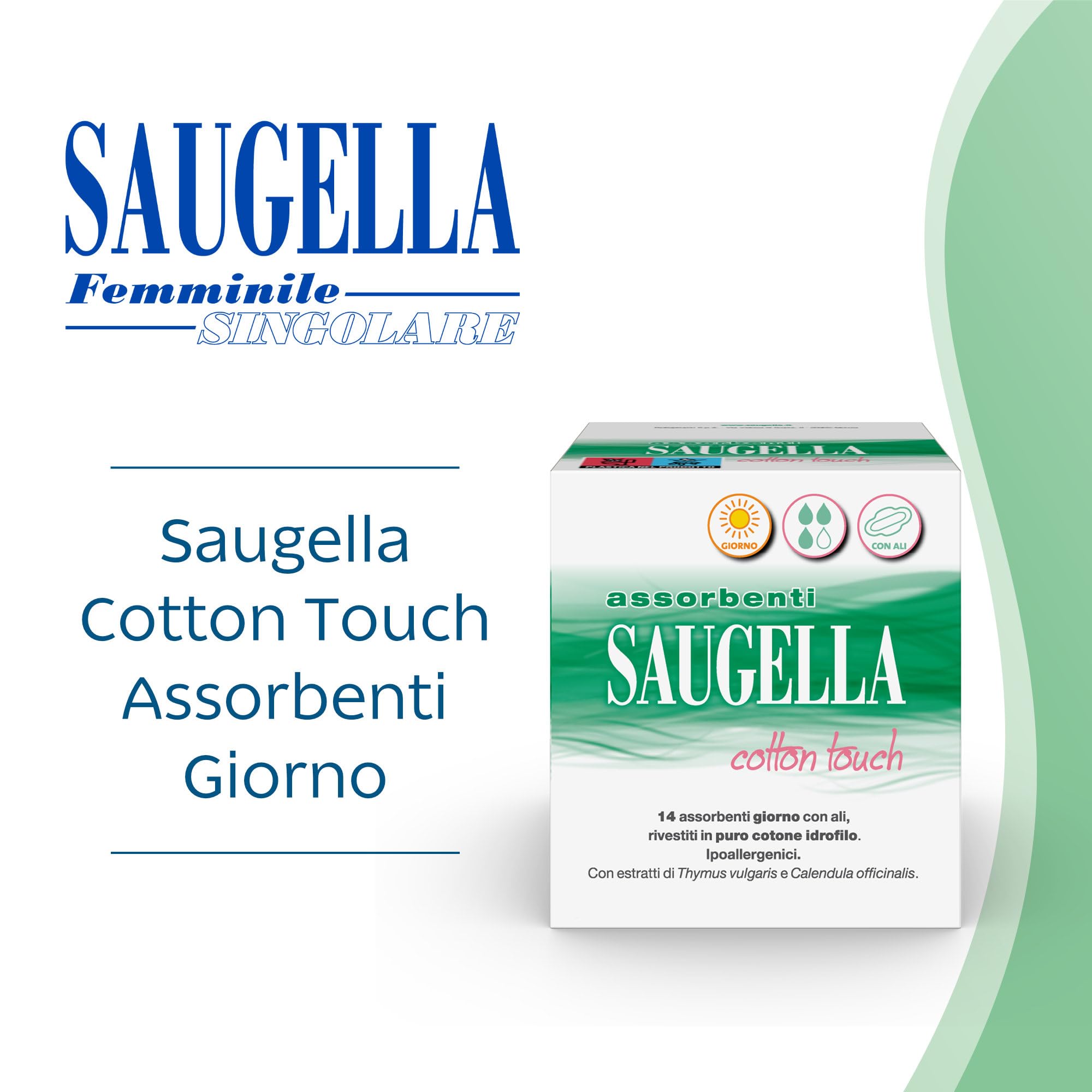 Saugella Assorbenti Cotton Touch Giorno, 56 Assorbenti Cotone Giorno con Ali, Azione Antibatterica, Antiodore e Lenitiva