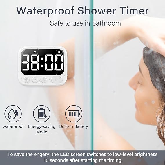 HAUKINIX Shower Timer Waterproof Bathroom Toilet Timer Digital Kitchen for Wall Mount, Study w/Foldable Stand, Countdown Stopwatch w/Suction Cup for Swim, Rechargeable, 2 Pack White
