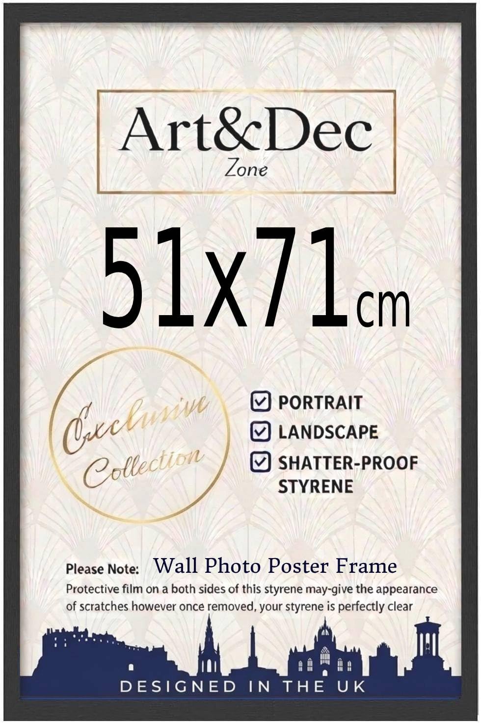 Art & Dec Zone® Sleek Black MDF Picture Frame 51x71 cm Durable MDF Poster Frame with Clear Acrylic Protection – Wall Display for Photos, Artwork & Prints