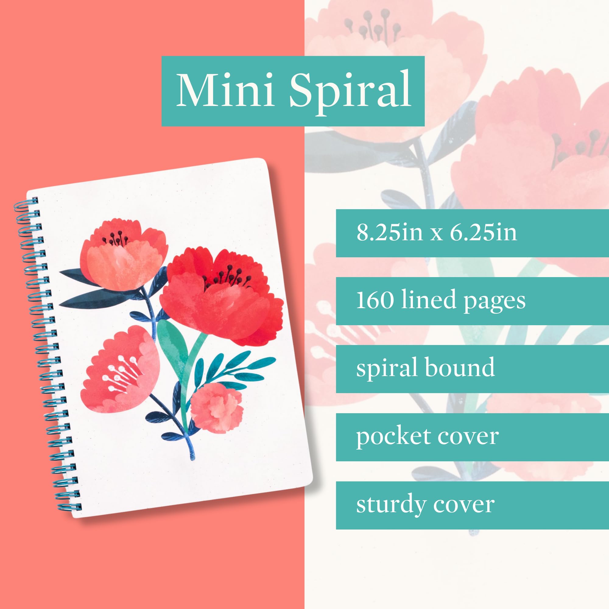 Steel Mill & Co Cute Mini Spiral Notebook, 8.25" x 6.25" Journal with Durable Hardcover and 160 Lined Pages (Poppy Boquet) - Image 2