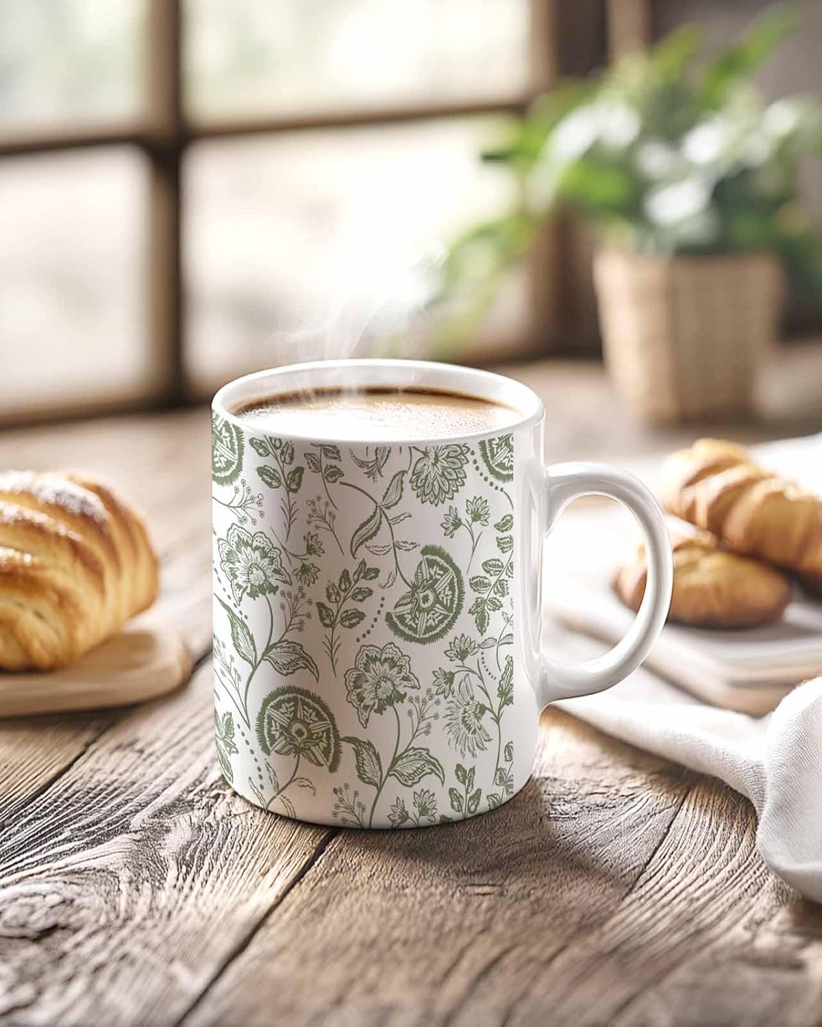 BEMIGO Ceramic Coffee Mug Pastoral Green Flowers Ceramic Mug White Cup, Vintage Farmhouse Pattern Insulated Coffee Cup with Handle with Pattern Perfect for Tea and Hot Beverages, 12oz