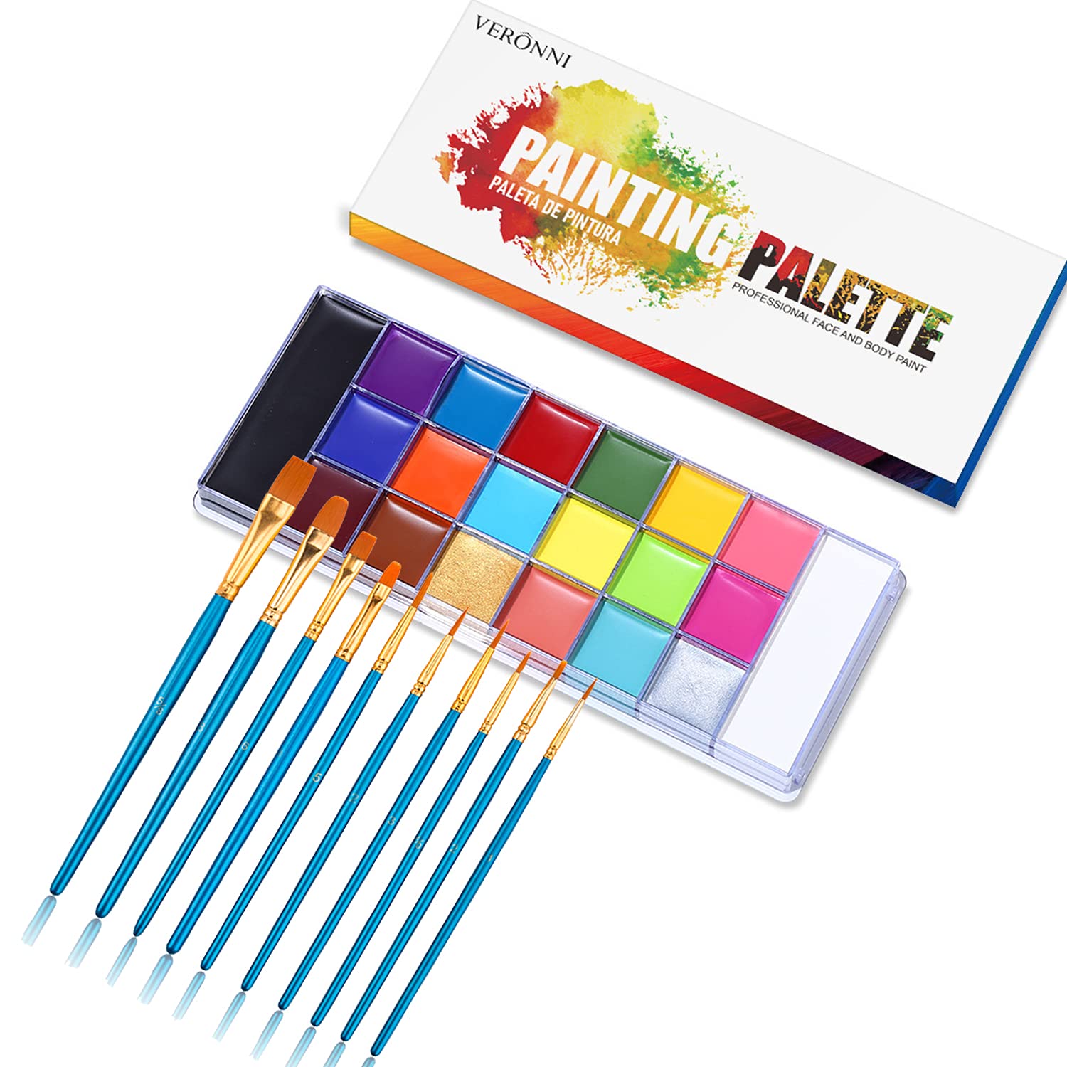 Photo 1 of 20 Color Face Body Paint Cosplay Makeup Palette Kit , Professional Face Painting Kit for Kids & Adults, Large Black White Face Painting Palette for Halloween SFX Special Effects with 10 Brushes