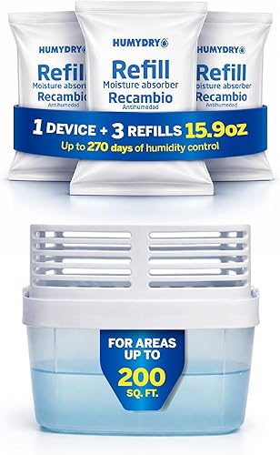 HUMYDRY Dispositivo deshumidificador absorbente de humedad para el hogar, paquete premium de 1 dispositivo de 15.9 onzas con 3 recambios premedidos