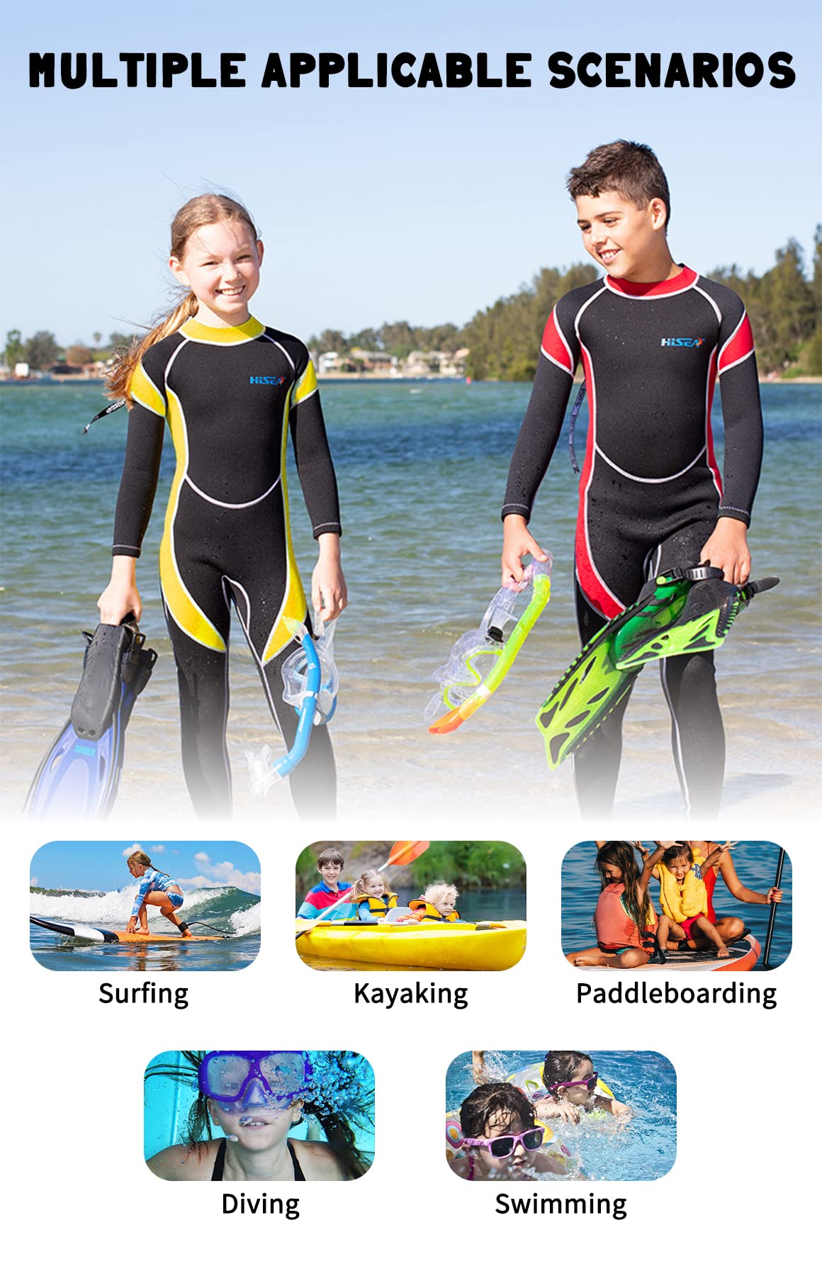 Combinaisons Intégrales pour Enfants, 2.5mm Néoprène avec Fermeture Éclair au Dos, Combinaison pour Garçons et Filles pour la Natation, Plongée, Sup