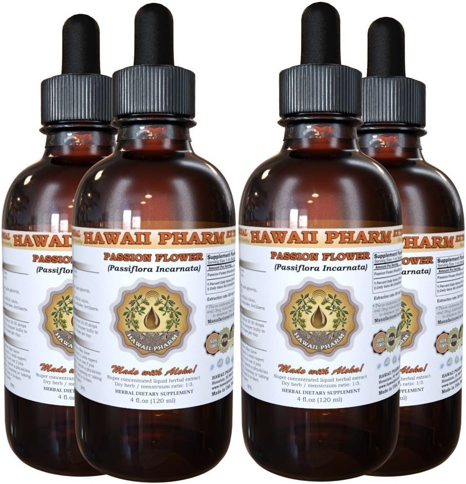 Passion Flower Liquid Extract, Passion Flower (Passiflora Incarnata) Tincture, Herbal Supplement, Hawaii Pharm, Made in USA, 4x4 fl.oz