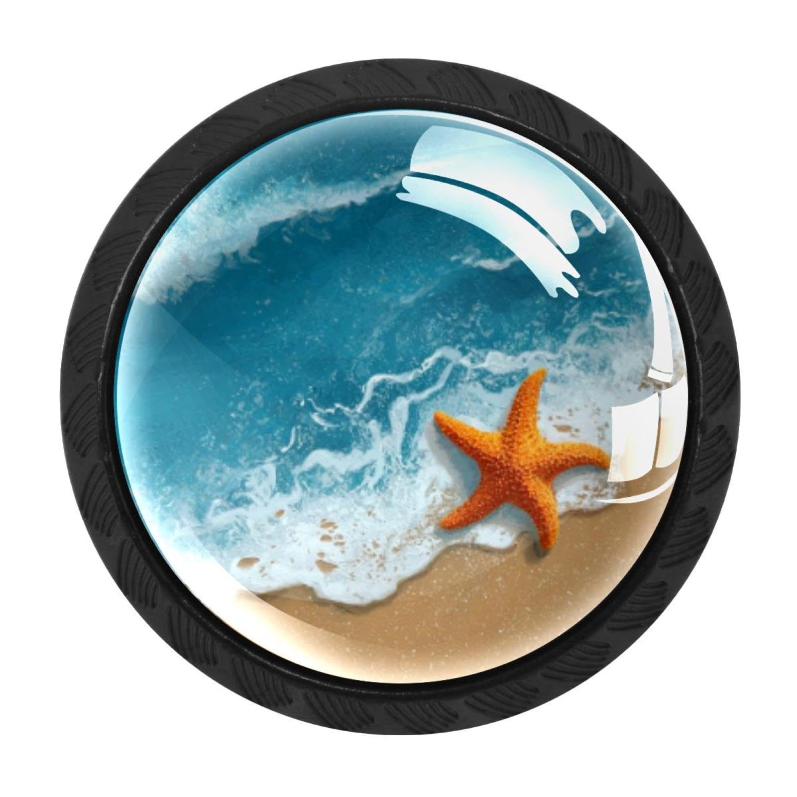 CHENZZZZ Beach Waves Starfish (3) Drawer Knobs Pull Handles 4 Pcs Glass Cabinet Drawer Pulls for Home Kitchen Office Cabinet Cupboard